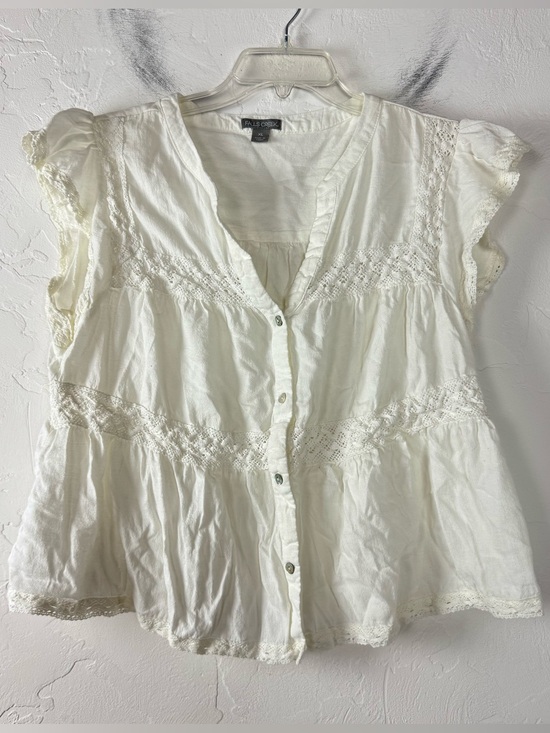 Falls Creek Tops - Falls Creek Popover Blouse Knit Top Shirt White Lace Button Down Boho V Neck